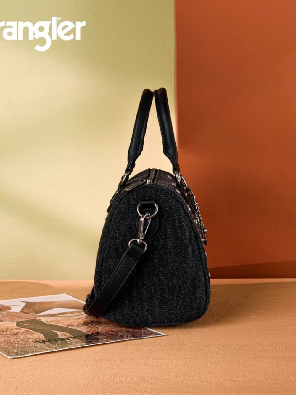 Wrangler Western Rhinestone Denim Boston Bag/Crossbody Black - Picture 4 of 8